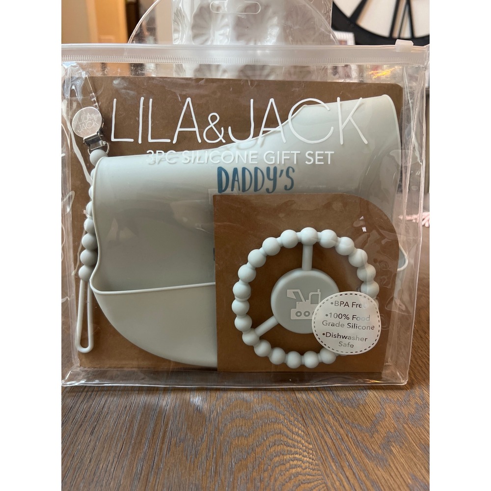 Lila & Jack 3PC Silicone Gift Set Bib Pacifier Clip Teether Daddys Little Helper